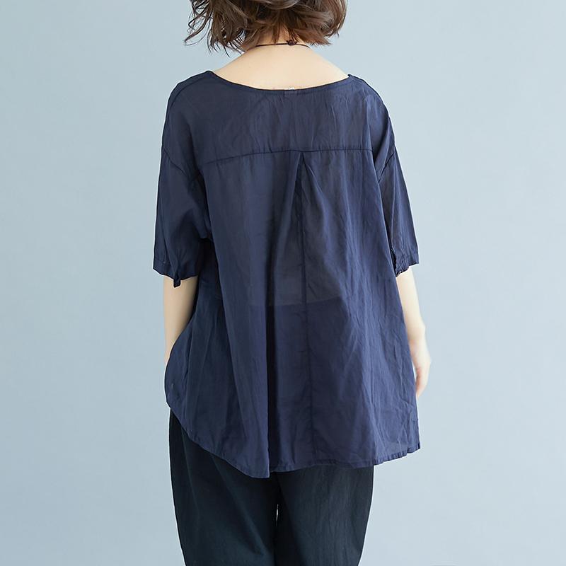 vintage natural linen t shirt oversize Summer High-low Hem Women Short Sleeve Loose Navy Blue Blouse - Omychic