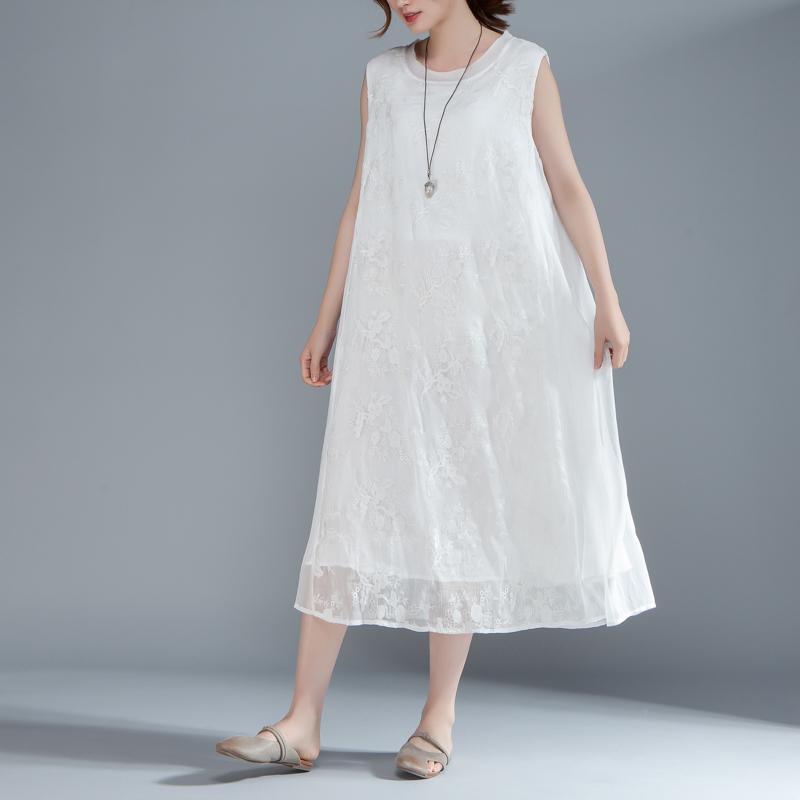 vintage natural silk blended dress oversized Women Embroidered Pullovers Sleeveless White Dress - Omychic