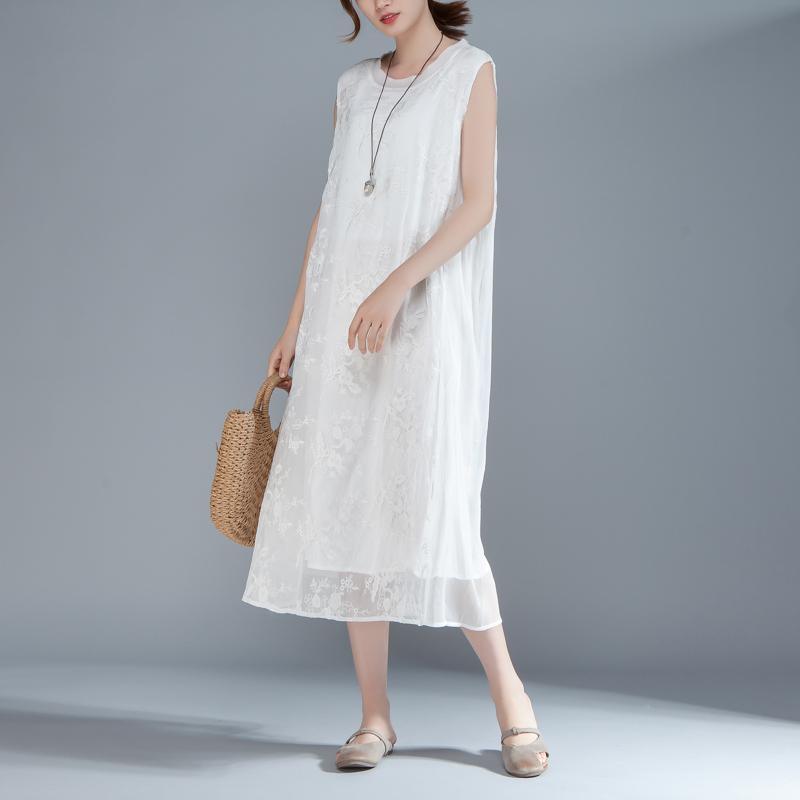 vintage natural silk blended dress oversized Women Embroidered Pullovers Sleeveless White Dress - Omychic