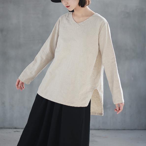 vintage nude  Midi-length linen t shirt trendy plus size linen cotton t shirt top quality side open v neck linen t shirt - Omychic