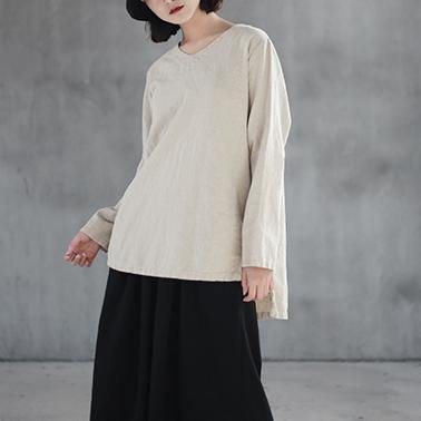 vintage nude  Midi-length linen t shirt trendy plus size linen cotton t shirt top quality side open v neck linen t shirt - Omychic