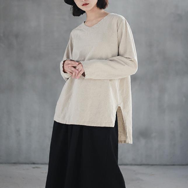 vintage nude  Midi-length linen t shirt trendy plus size linen cotton t shirt top quality side open v neck linen t shirt - Omychic