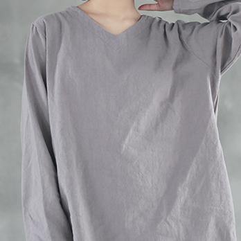 vintage nude  Midi-length linen t shirt trendy plus size linen cotton t shirt top quality side open v neck linen t shirt - Omychic