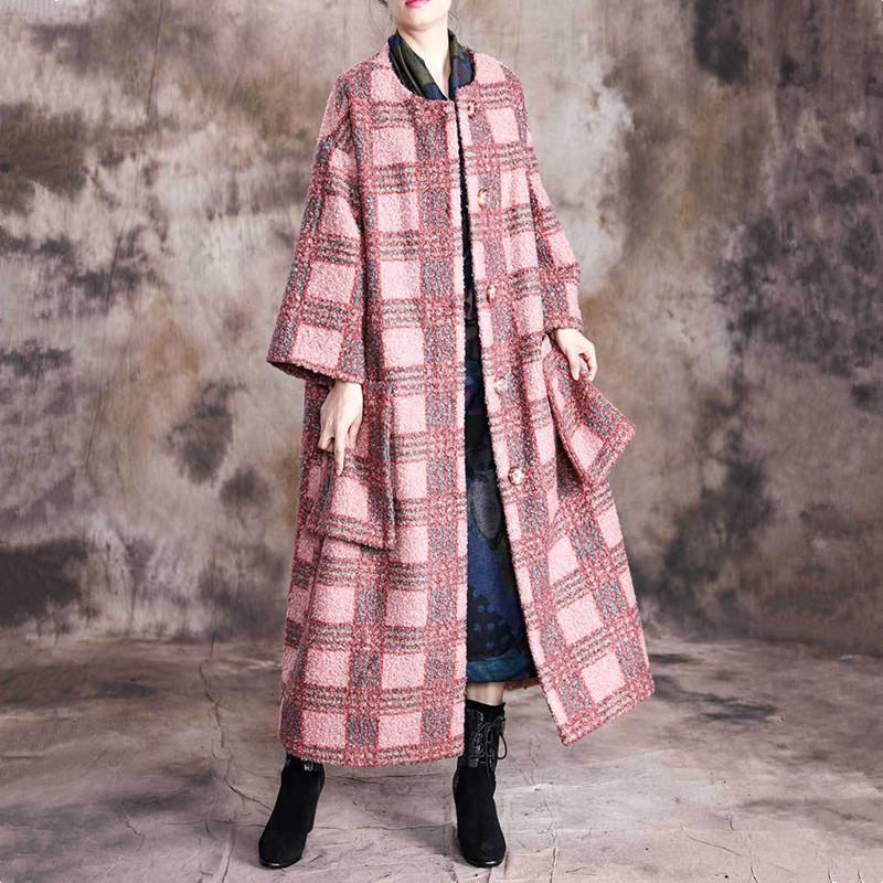 vintage pink plaid Woolen Coats plus size Large pockets woolen outwear Large pockets - Omychic