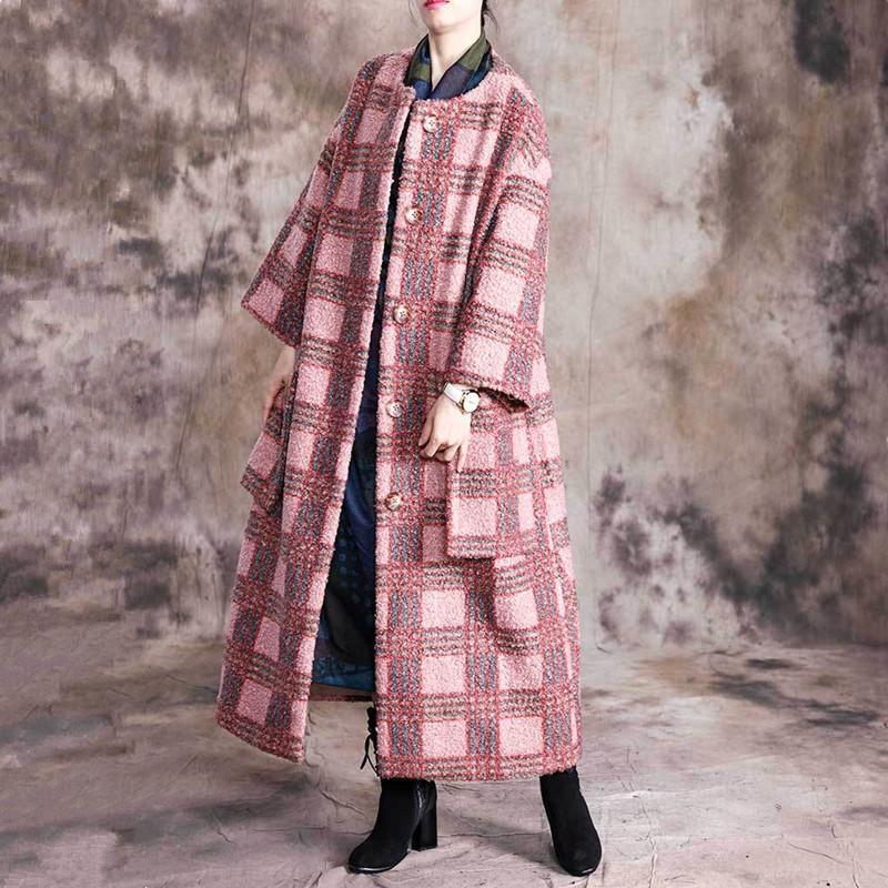 vintage pink plaid Woolen Coats plus size Large pockets woolen outwear Large pockets - Omychic