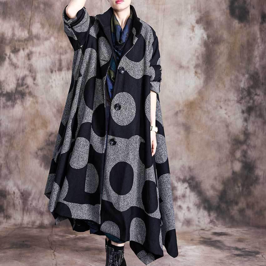vintage plus size Jackets & Coats stand collar outwear gray dotted asymmetric wool coat for woman - Omychic