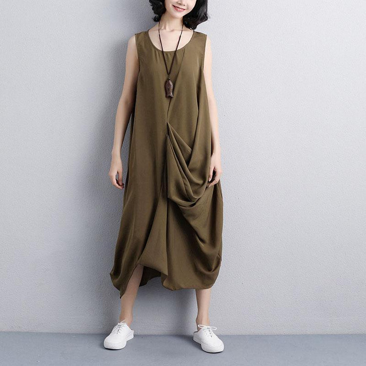 Vintage Polyester Dress Plus Size Women Summer Round Neck Sleeveless Coffee Dress ( Limited Stock) - Omychic