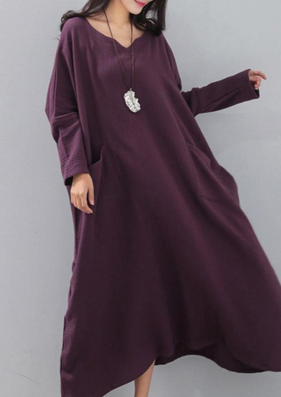 vintage purple natural dress plus size v neck fall long sleeve pockets autumn dress - Omychic