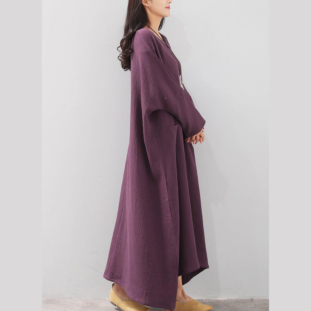 vintage purple natural dress plus size v neck fall long sleeve pockets autumn dress - Omychic