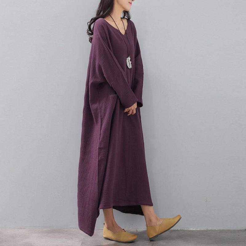 vintage purple natural dress plus size v neck fall long sleeve pockets autumn dress - Omychic