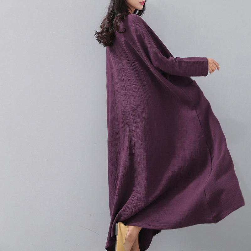 vintage purple natural dress plus size v neck fall long sleeve pockets autumn dress - Omychic