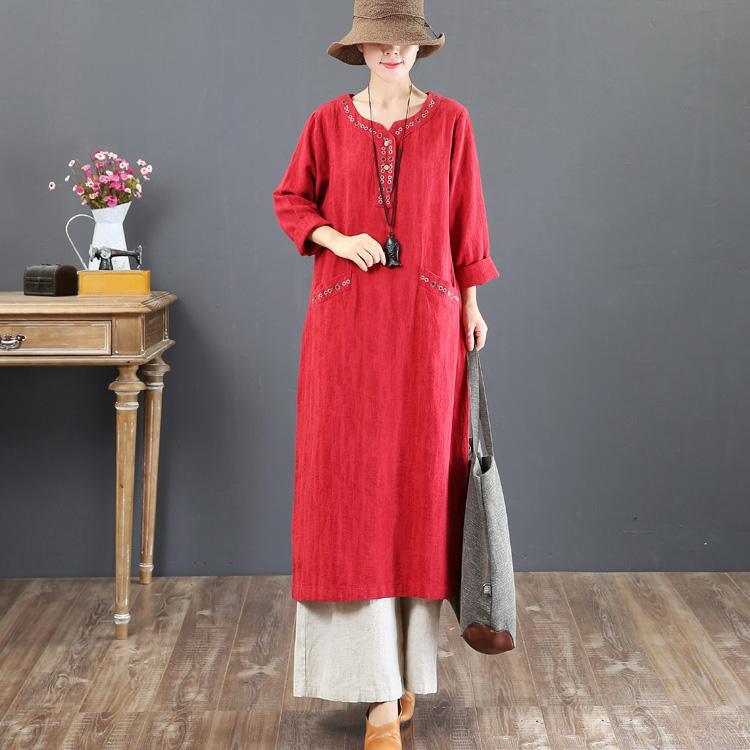 vintage red cotton dresses oversized embroidery cotton maxi dress top quality pockets gown - Omychic