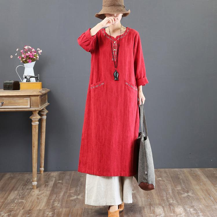 vintage red cotton dresses oversized embroidery cotton maxi dress top quality pockets gown - Omychic