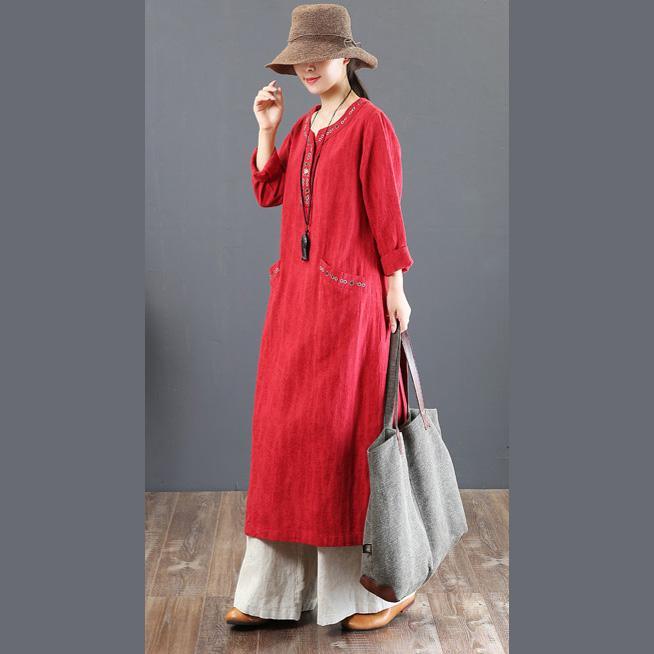 vintage red cotton dresses oversized embroidery cotton maxi dress top quality pockets gown - Omychic