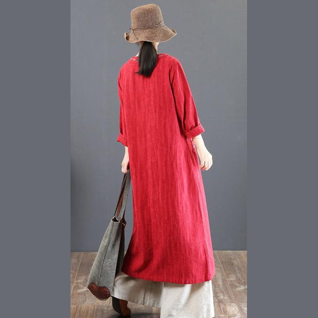 vintage red cotton dresses oversized embroidery cotton maxi dress top quality pockets gown - Omychic