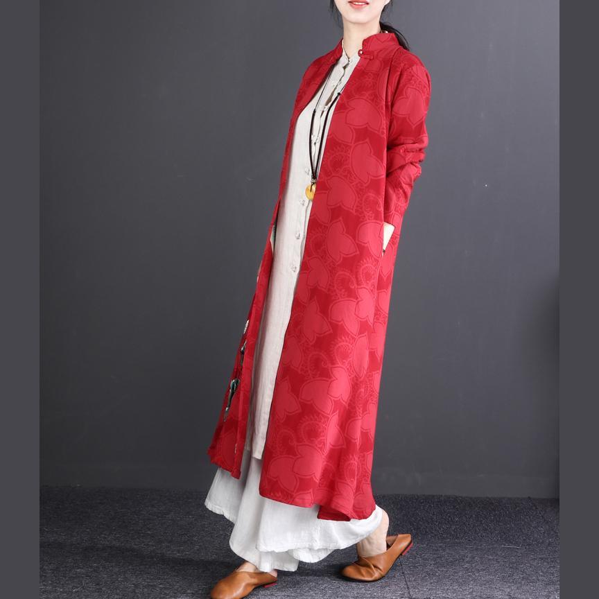 vintage red embroidery cotton linen maxi coat trendy plus size Stand top quality long sleeve trench coats - Omychic