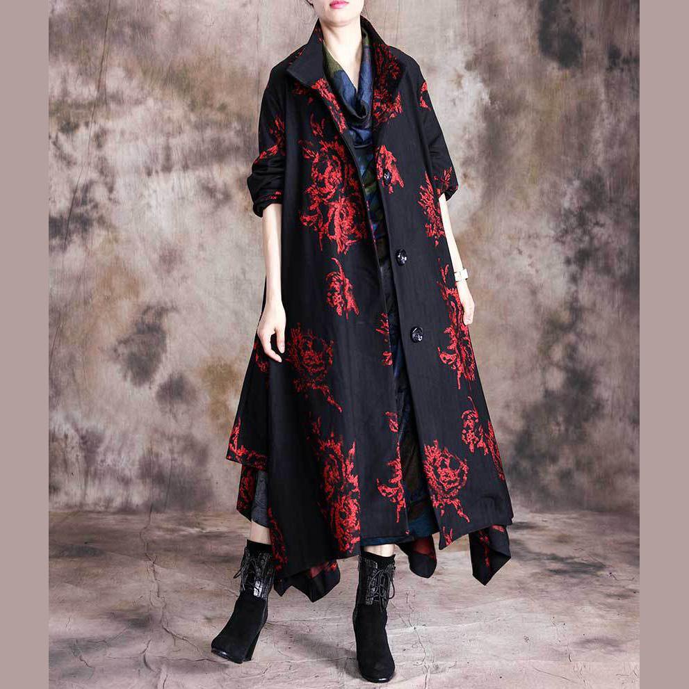 vintage red floral wool coat for woman plus size Jackets & Coats stand collar outwear asymmetric - Omychic