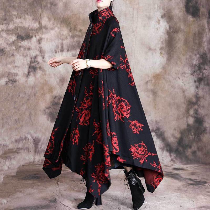 vintage red floral wool coat for woman plus size Jackets & Coats stand collar outwear asymmetric - Omychic