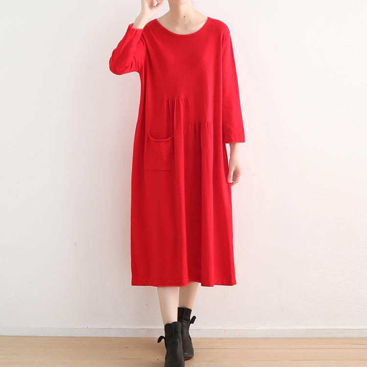 vintage red knit dresses plus size o neck winter dress vintage pockets long knit sweaters - Omychic