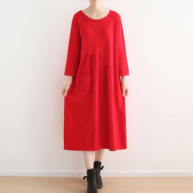 vintage red knit dresses plus size o neck winter dress vintage pockets long knit sweaters - Omychic