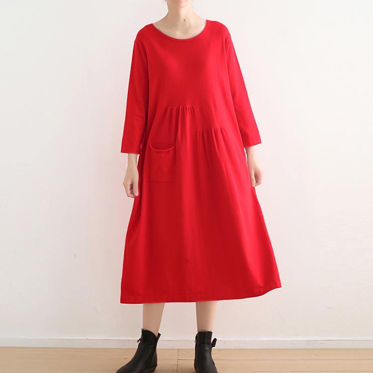 vintage red knit dresses plus size o neck winter dress vintage pockets long knit sweaters - Omychic