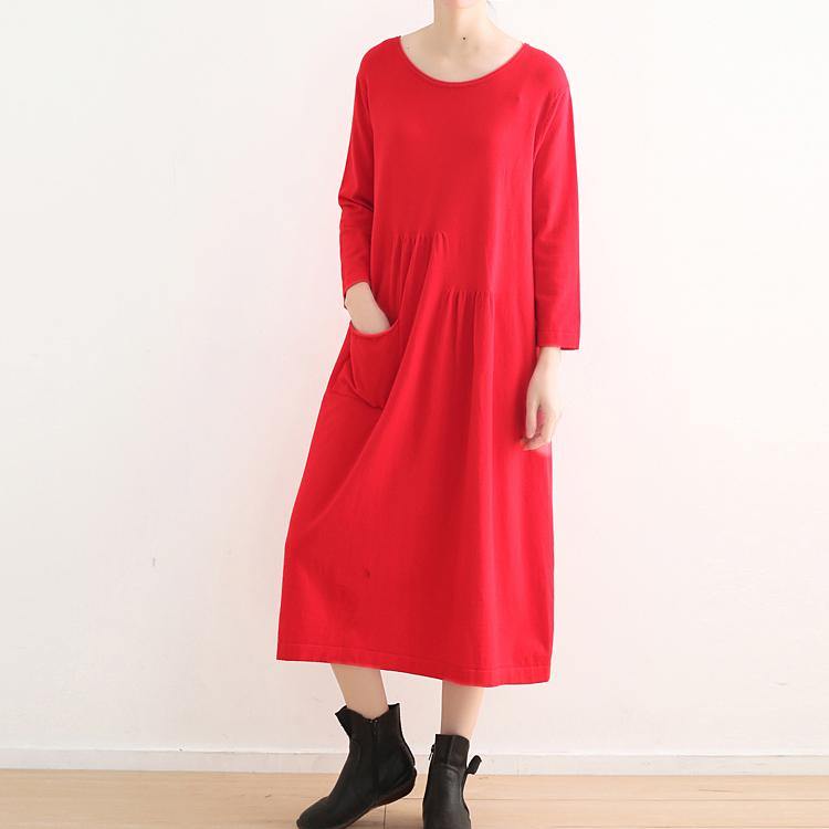 vintage red knit dresses plus size o neck winter dress vintage pockets long knit sweaters - Omychic