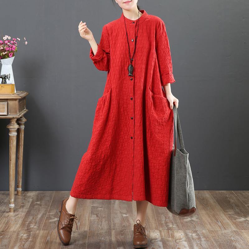 vintage red long cotton dress trendy plus size stand collar traveling shirt dress women big pockets shirt clothes - Omychic