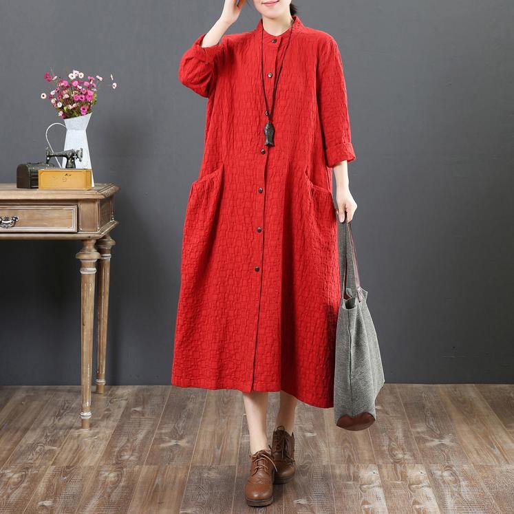 vintage red long cotton dress trendy plus size stand collar traveling shirt dress women big pockets shirt clothes - Omychic