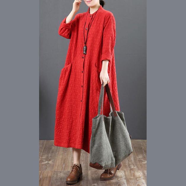 vintage red long cotton dress trendy plus size stand collar traveling shirt dress women big pockets shirt clothes - Omychic