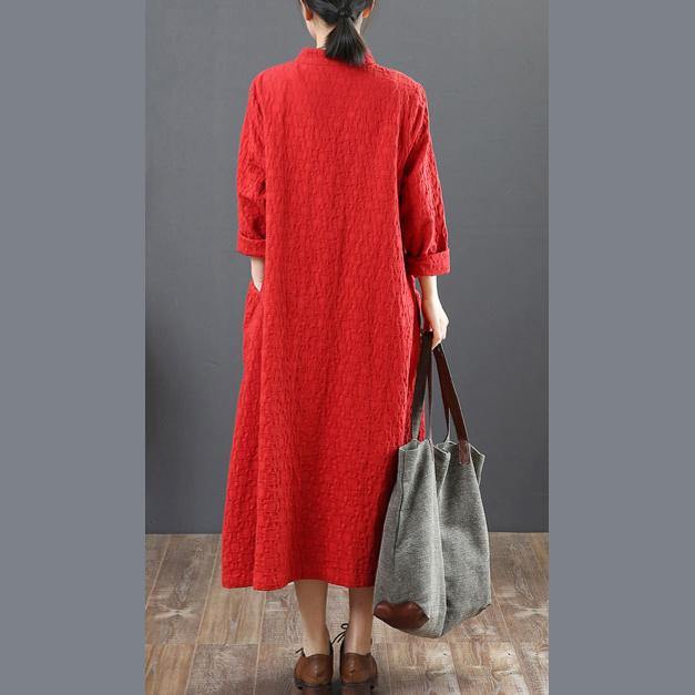 vintage red long cotton dress trendy plus size stand collar traveling shirt dress women big pockets shirt clothes - Omychic