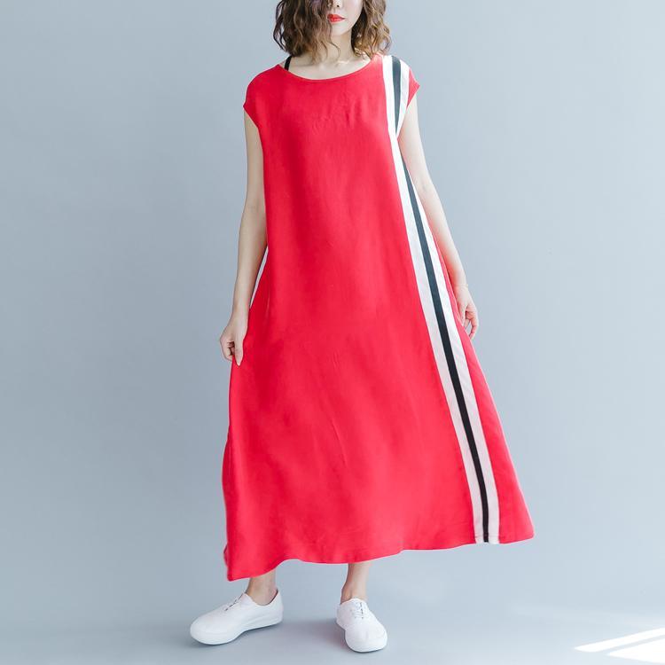 vintage red patchwork natural silk blended dress Loose fitting O neck baggy dresses New Sleeveless pockets silk blended dresses - Omychic