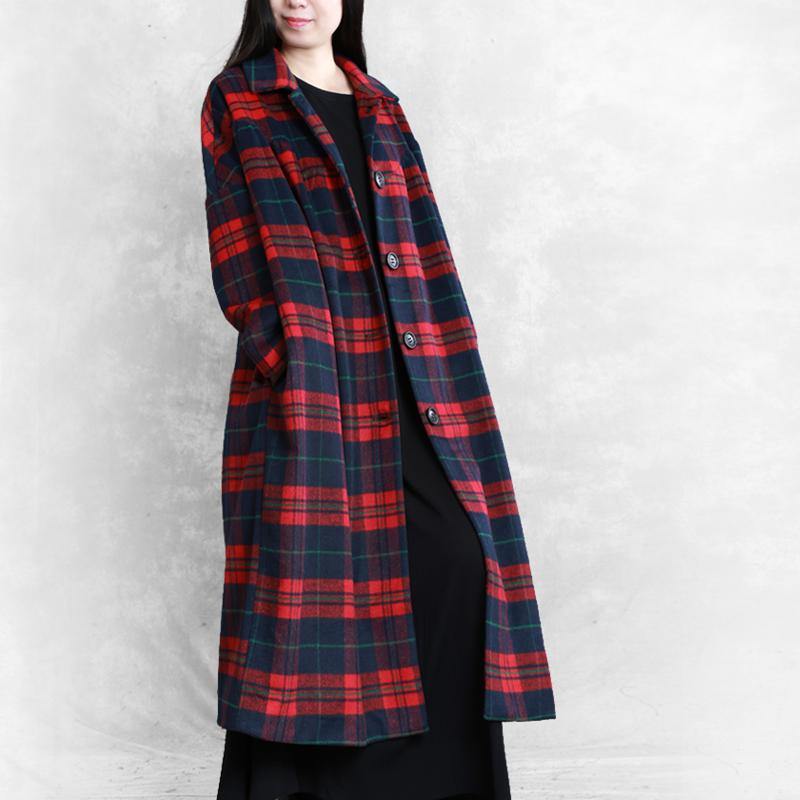 vintage red plaid wool overcoat plus size Winter coat woolen Notched pockets outwear - Omychic