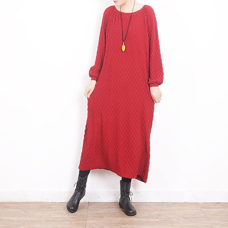 vintage red sweater dresses oversized O neck long knit sweaters Fine Plaid long knit sweaters - Omychic