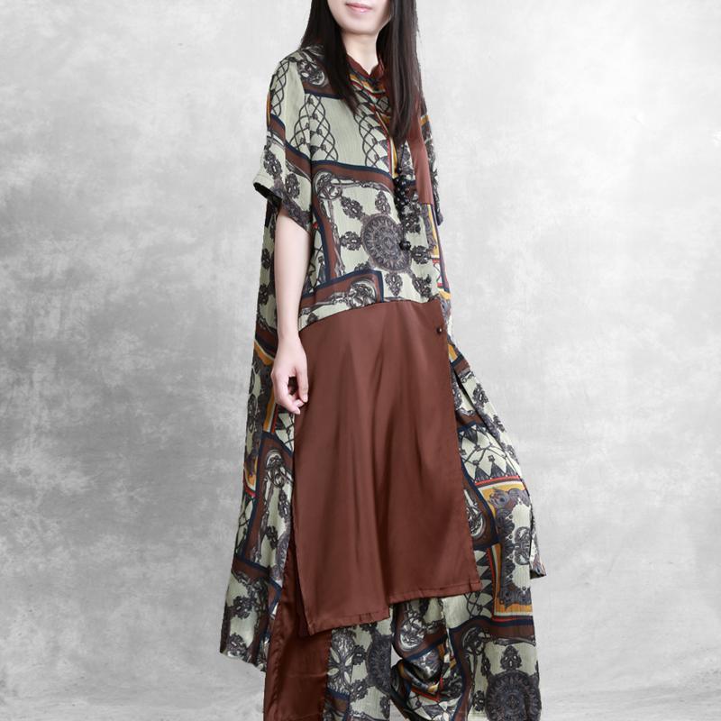 vintage silk blended brown half sleeve side open shirt dress and draping wide leg pants two pieces - Omychic
