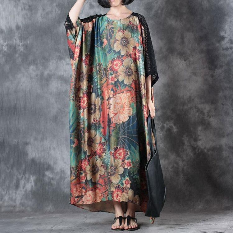 vintage silk blended caftans plus size Loose Flower Printed Splicing Lace Summer Long Dress - Omychic