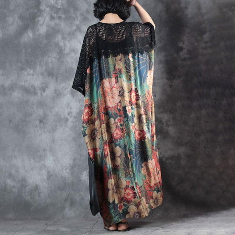 vintage silk blended caftans plus size Loose Flower Printed Splicing Lace Summer Long Dress - Omychic