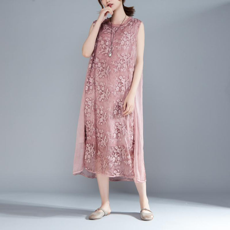 vintage silk blended maxi dress plus size Women Embroidered Pullovers Sleeveless Pink Dress - Omychic