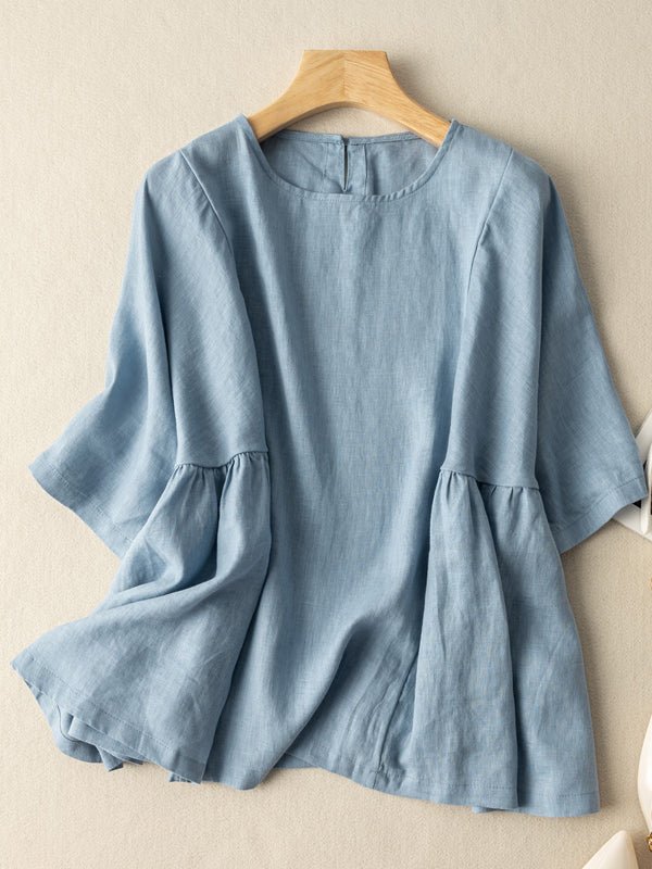 Vintage Solid Round Neck Linen Blouse Short Sleeve