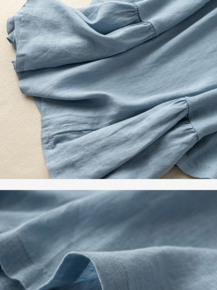Vintage Solid Round Neck Linen Blouse Short Sleeve