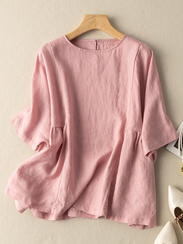 Vintage Solid Round Neck Linen Blouse Short Sleeve