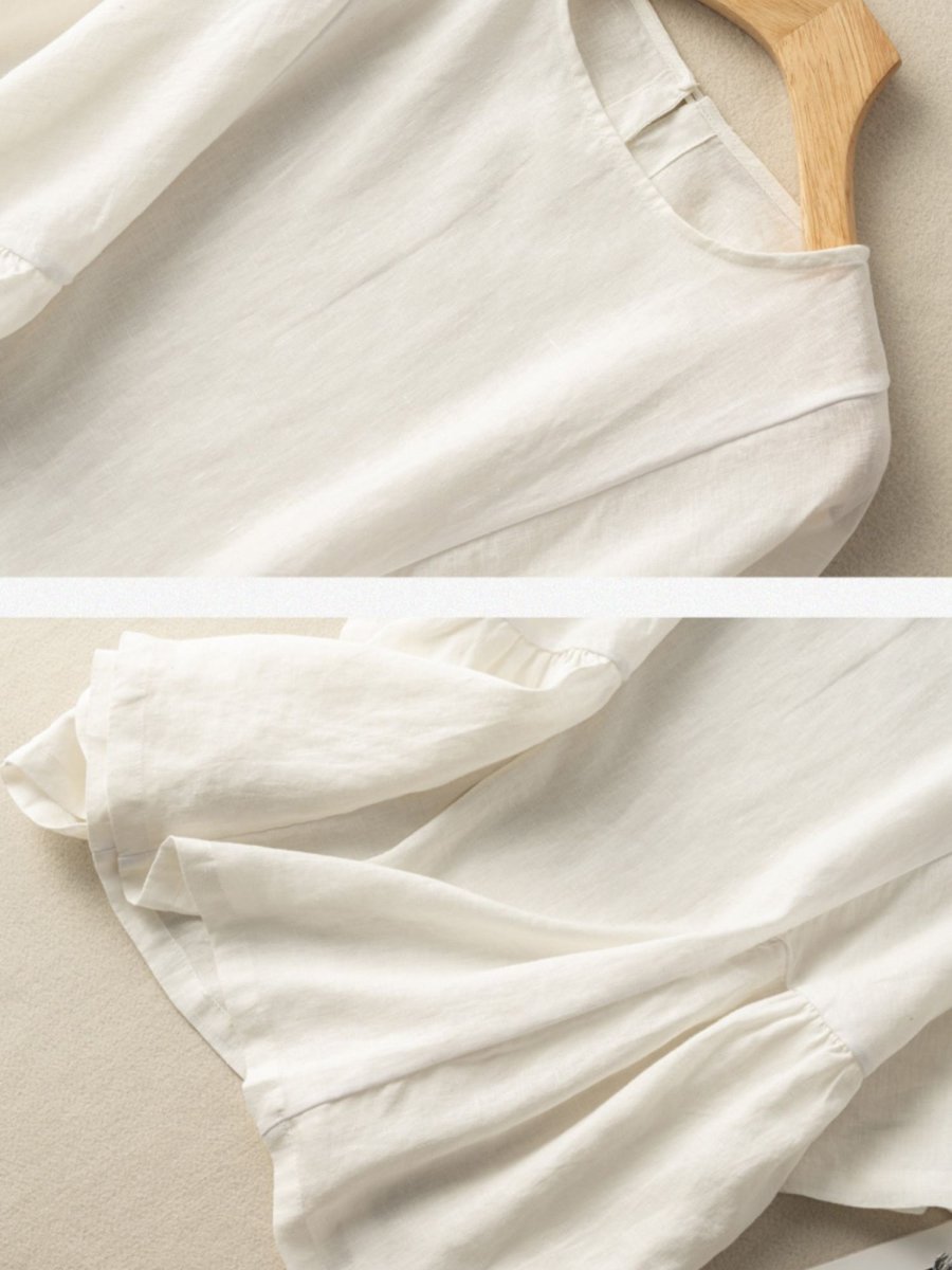 Vintage Solid Round Neck Linen Blouse Short Sleeve