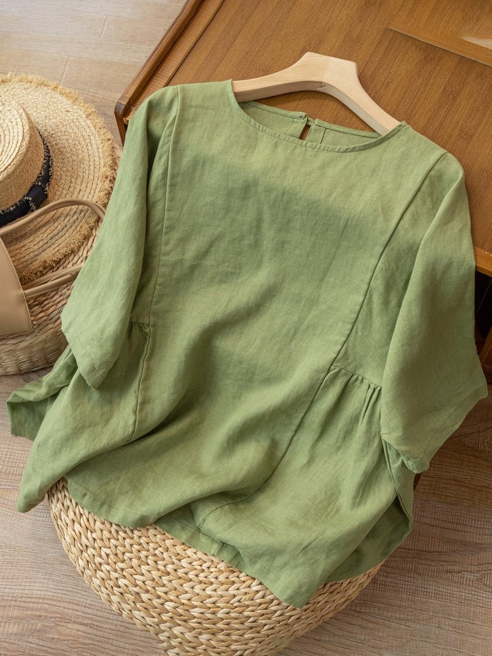 Vintage Solid Round Neck Linen Blouse Short Sleeve