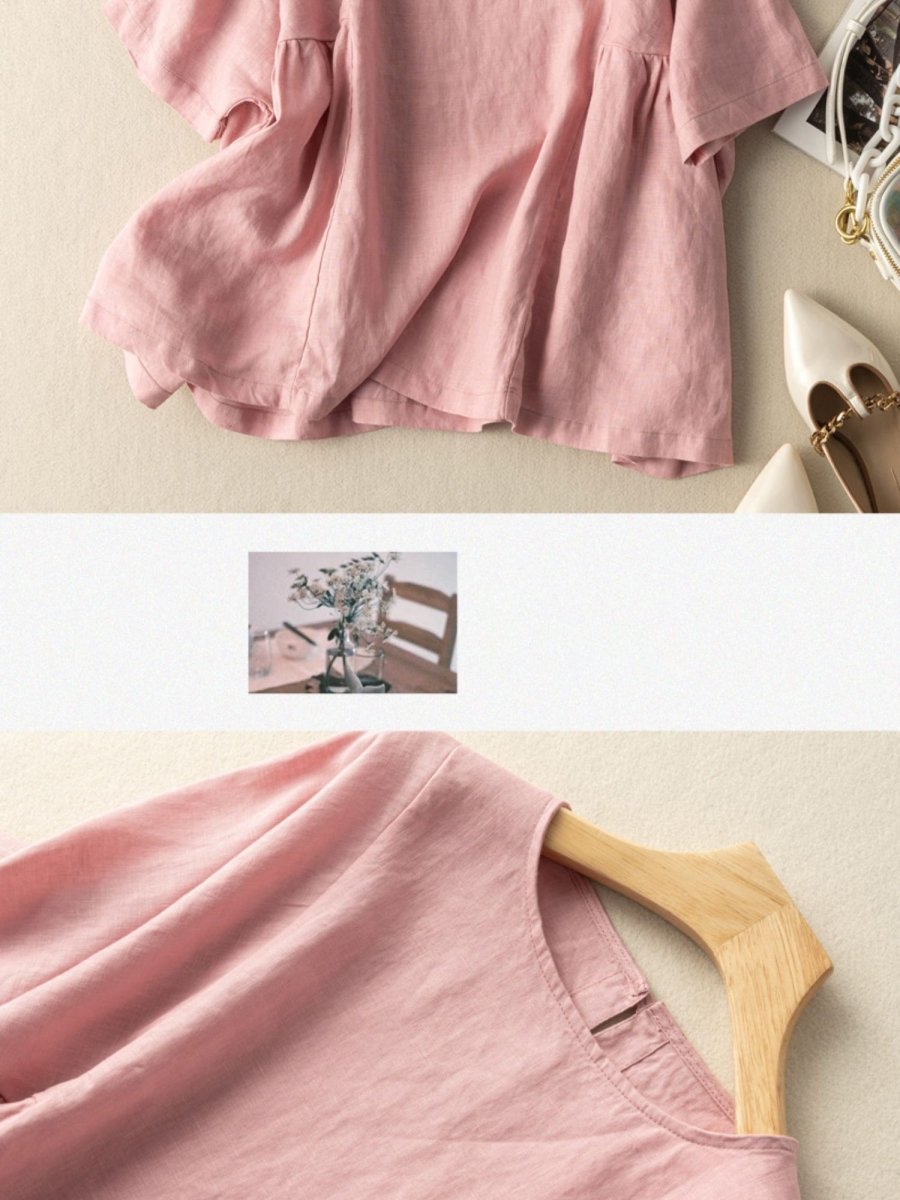 Vintage Solid Round Neck Linen Blouse Short Sleeve