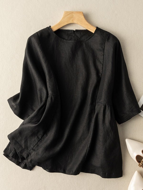 Vintage Solid Round Neck Linen Blouse Short Sleeve