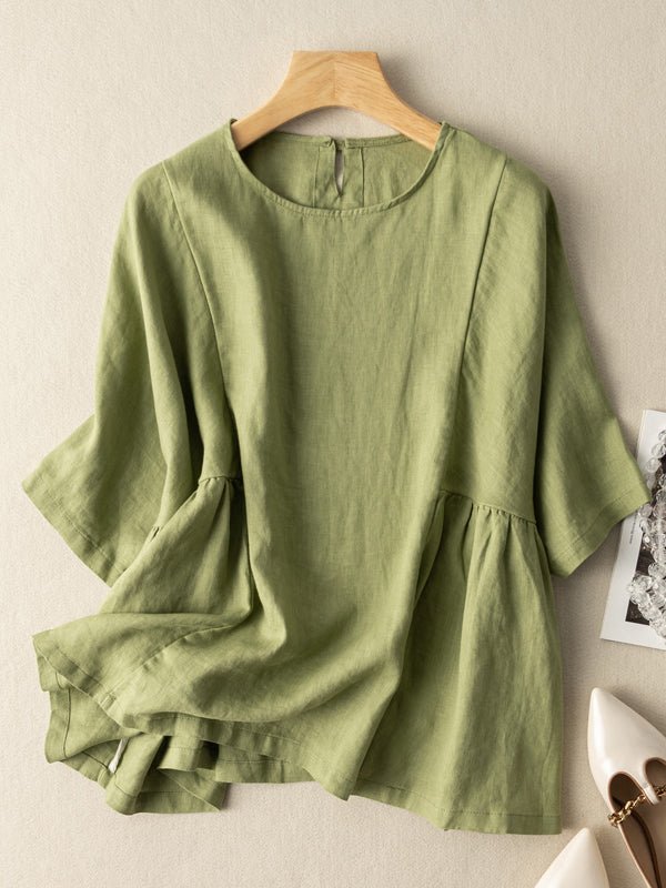 Vintage Solid Round Neck Linen Blouse Short Sleeve