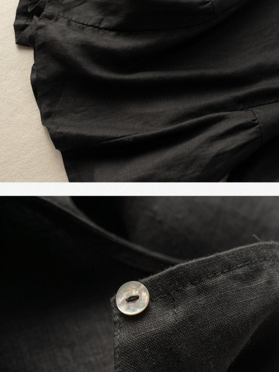 Vintage Solid Round Neck Linen Blouse Short Sleeve