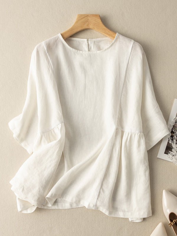 Vintage Solid Round Neck Linen Blouse Short Sleeve