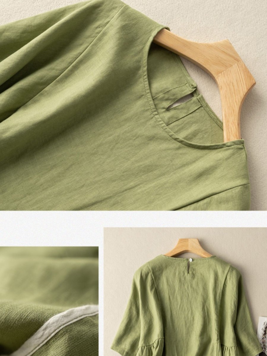 Vintage Solid Round Neck Linen Blouse Short Sleeve