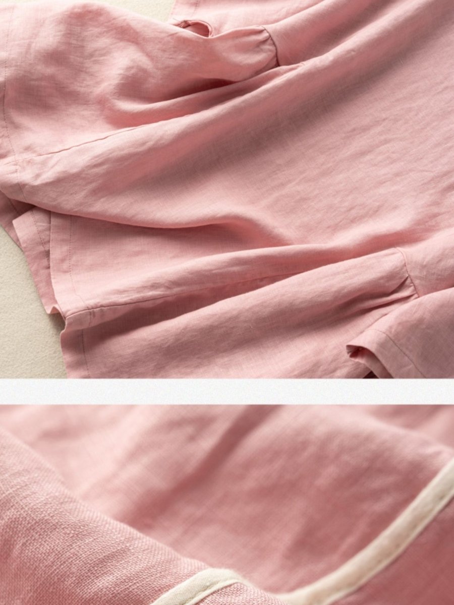 Vintage Solid Round Neck Linen Blouse Short Sleeve