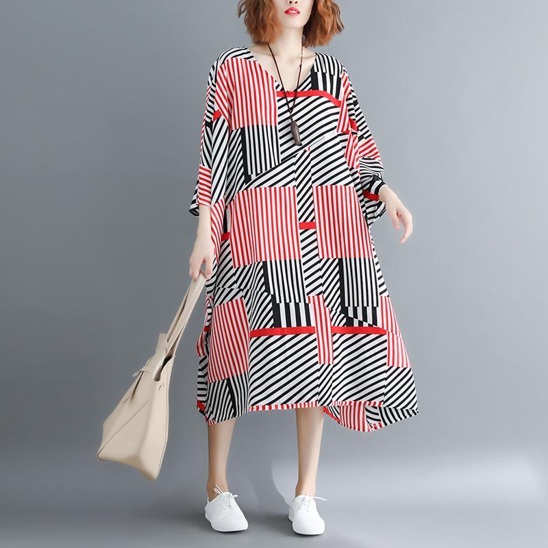 vintage striped cotton blended dress trendy plus size v neck baggy dresses gown New batwing Sleeve asymmetric dresses - Omychic